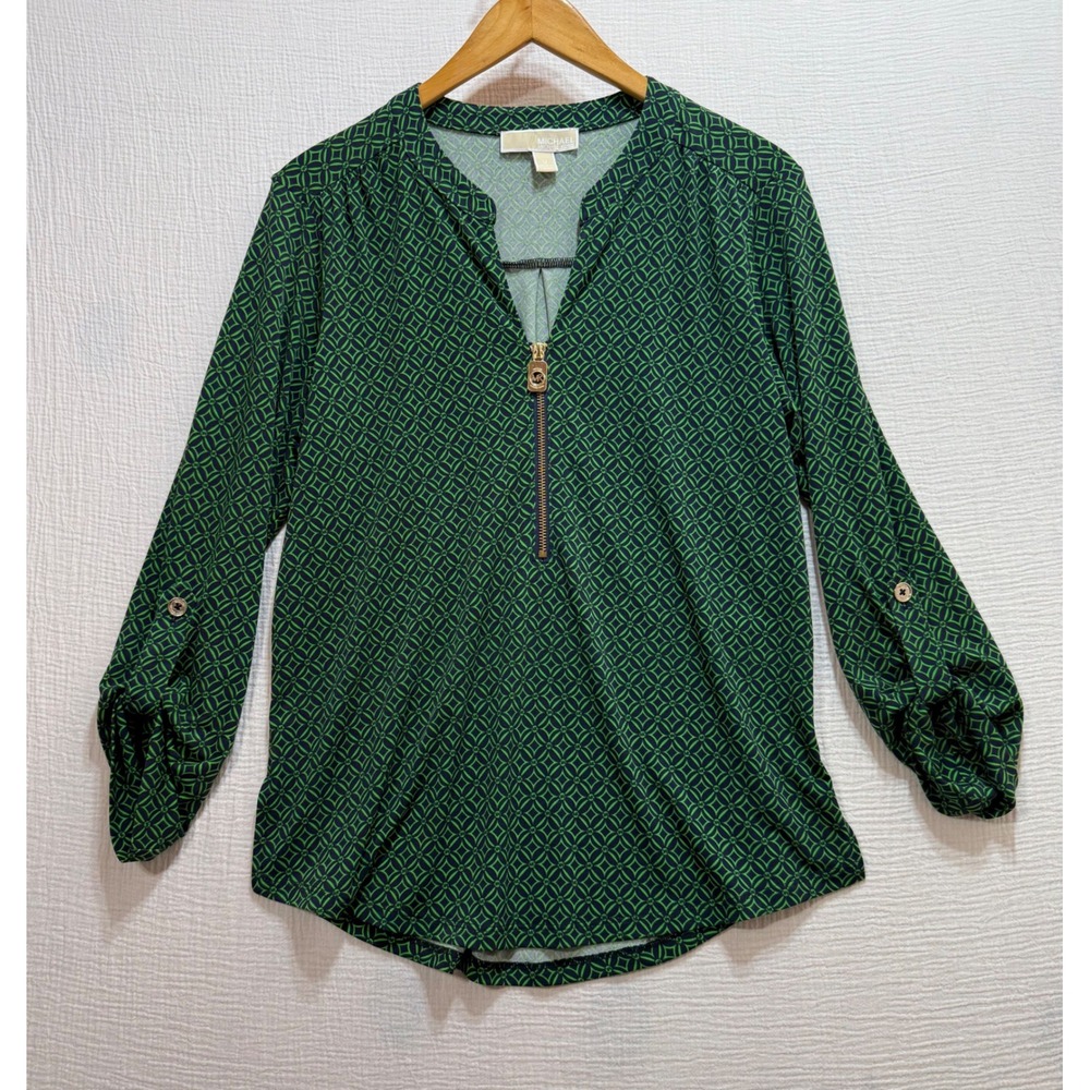 Michael Michael Kors Blouse Womens M Green Logo Print Roll Tab Half Zip Office